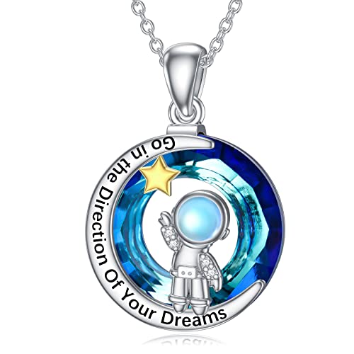 Weltraum Geschenke Mond Astronautin Halskette 925 Sterling Silber Kristall Raumfahrer Spaceman Weltraum Schmuck Weihnachtsgeschenke für Frauen Mutter Mom von YAFEINI