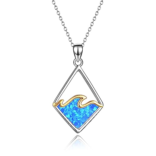 YAFEINI Sterling Silber Ocean Wave Halskette Erstellt Blau Opal Anhänger Ozean Schmuck Strand Geschenke für Frauen Mädchen (Halskette aus blauem Opal) von YAFEINI