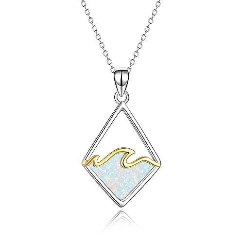 YAFEINI Sterling Silber Ocean Wave Halskette Erstellt Blau Opal Anhänger Ozean Schmuck Strand Geschenke für Frauen Mädchen (Halskette aus weißem Opal) von YAFEINI