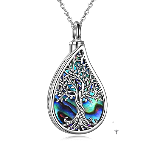 YAFEINI Sterling Silber Tropfen Teardrop Urn Halskette für Asche Abalone Muschel Baum des Lebens Feuerbestattung Schmuck für Asche Memory Schmuck für Damen Herren von YAFEINI