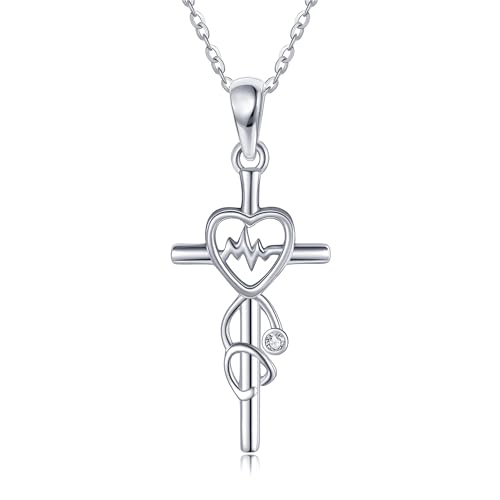 YAFEINI Stethoskop Halskette für Krankenschwester Geschenke Sterling Silber Stethoskop Kreuz Anhänger Halskette Herzschlag Frauen Medizin Schmuck Krankenschwester Doktor Graduierung Geschenk von YAFEINI