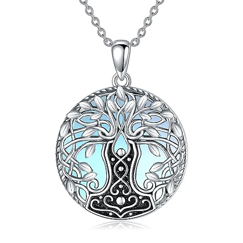 YAFEINI Lebensbaum Mondstein Halskette für Damen Thor Hammer Kette 925 Sterling Silber Nordischer Wikingerschmuck für Mädchen Herren (Mondstein Kette) von YAFEINI