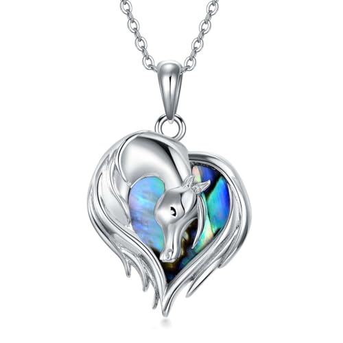 YAFEINI Pferd Kette für Damen 925 Sterling Sliber Herz Pferd Halskette Anhänger Abalone Muschel Schmuck Geschenk für Mädchen von YAFEINI