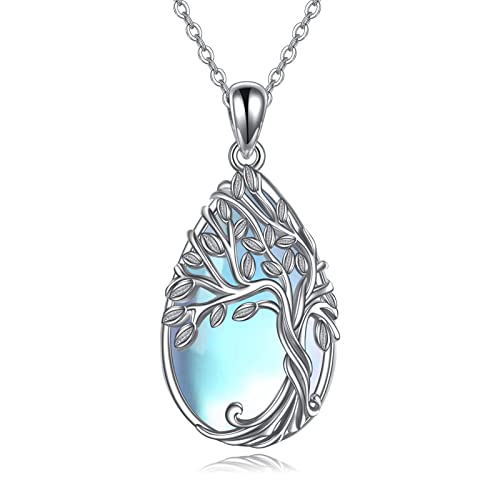 YAFEINI Tree of Life Halskette Sterling Silber Mondstein Schmuck Teardrop Family Tree Anhänger Halskette für Frauen Mädchen von YAFEINI