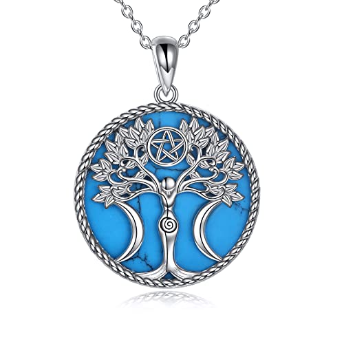 YAFEINI Triple Moon Göttin Halskette Sterling Silber Pentagramm Lebensbaum Kette Anhänger Pagan Wiccan Magic Amulett Schmuck für Damen Herren (Türkisfarbener Lebensbaum) von YAFEINI