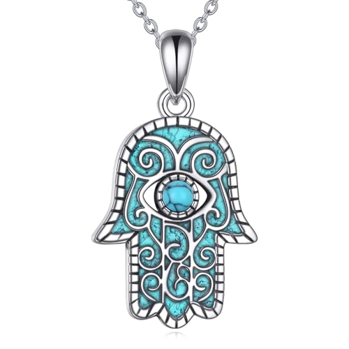 YAFEINI Türkisfarbene Hamsa Hand Kette 925er Sterling Silber Blauer Anhänger Mit Bösem Blick Und Hand Der Fatima Vintage-Schutzschmuck Geschenke für Frauen Und Männer von YAFEINI