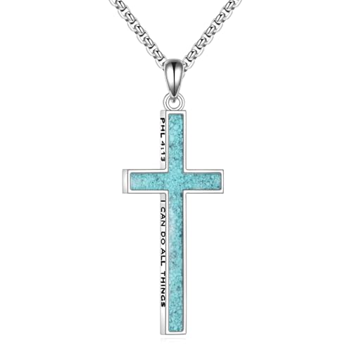YAFEINI Türkisfarbene Kreuz Kette aus 925er Sterling Silber Philipper 4:13 I Can Do All The Things inspirierende Kette Geschenke für Frauen und Männer von YAFEINI