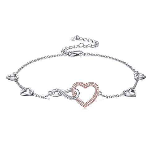 YAFEINI Unendlichkeit Herz Fußkettchen für Damen 925 Silber Strand Fußkette Armband Verstellbares Zierliches CZ Immer Zusammen Bettelarmband Schmuck für Frauen Damen Mama Tochter von YAFEINI