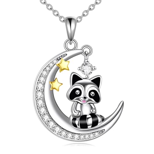 YAFEINI Waschbär Kette 925 Sterling Silber Mond Stern Anhänger Halskette Niedlicher Waschbär Schmuck Geschenke für Damen Teenager Mädchen (Waschbär Kette) von YAFEINI