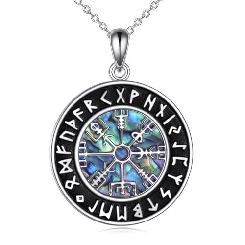 YAFEINI Wikinger Vegvisir Kette S925 Sterling Silber Kompass Nördlich Abalone Muschel Anhänger Halskette Schmuck Geschenk für Damen Herren von YAFEINI