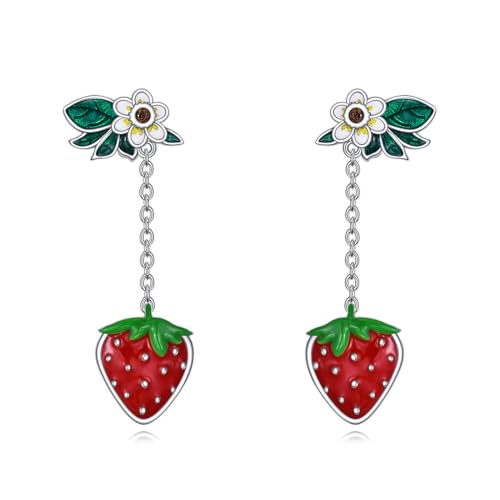 Erdbeere Ohrringe 925 Sterling Silber Frucht Erdbeere Hängend Ohrhänger Schmuck Geschenk für Damen Mädchen von YAFEINI