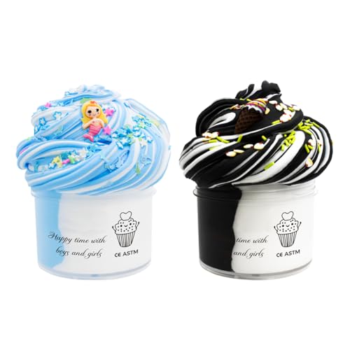 YAFLUG 2 Stück Schleim-Set Für Mädchen:Blaue Meerjungfrau Slime Und Schwarz-Weißes Eis Slime Fluffy, Spaß- & Sinneserfahrung Diy Schleim-Set Für Kinder & Teens, Slimes-Partygeschenke Geburtstag von YAFLUG