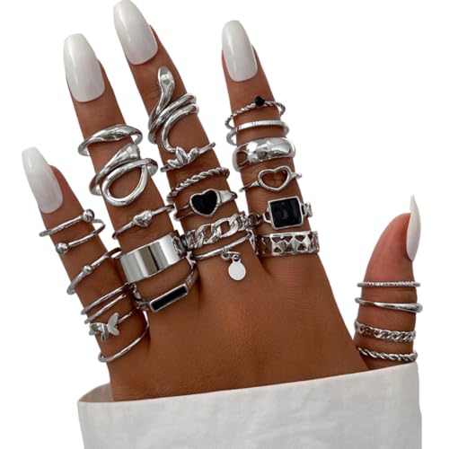 YAFLUG 26 Stück 925Er Silber Chunky Ringe Set Für Damen 14K Goldplattierte Dicke Dome Ringe, Stapelbare Offene Ringe,Trendiger Ringe Set,Ringe Gold Wasserfest von YAFLUG
