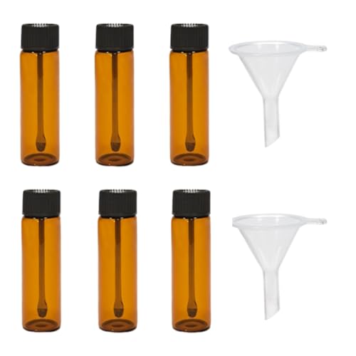 YAFLUG 6 Stück Schnapsbehälter Mit Löffel,65Mm Probefläschchen Aus Klarem Glas Dosierer, Schnapsflasche Mit Teleskop-Löffe, Und 2 Mikrotrichter, Luxusspender,Dosierer Pulver (Braun,A) von YAFLUG