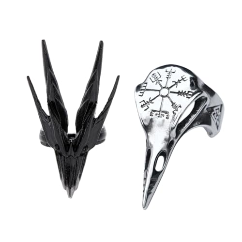 YAFULG 2 Stück Wikinger Ringe, Herren Ringe, Nordischer Wikinger Rabe Runen Kompass Amulett Ring, Für Männer Frauen Jungen Und Abschlussball (Dunkler Drachenkönig, Wikingerkrähe) von YAFLUG