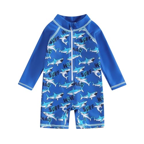 YAGATA Baby Badeanzug Junge Kleinkind EIN Stück Rash Guard Badeanzug Kurze Ärmel Reißverschluss Kleinkind Sommer Strand Bademode 0-3 Jahre Marineblauer Hai 6-12M von YAGATA
