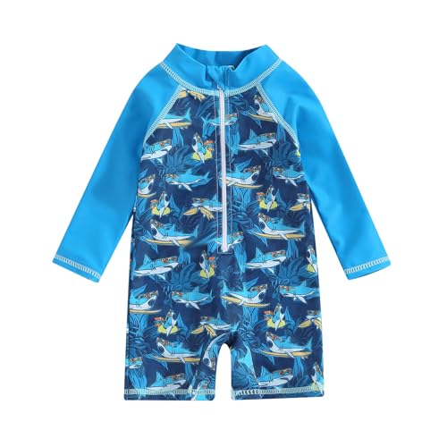 YAGATA Baby Badeanzug Junge Kleinkind EIN Stück Rash Guard Badeanzug Kurze Ärmel Reißverschluss Kleinkind Sommer Strand Bademode 0-3 Jahre Marineblauer Hai Hai 0-3M von YAGATA
