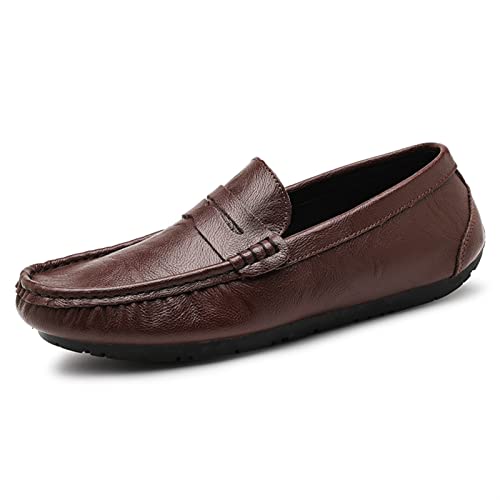 YAGFYg Smoking-Loafer-Schuhe für Herren, Penny-Loafer, echtes Leder, Nahtdetails, runde Zehenpartie, rutschfest, Flacher Absatz, flexibel, leicht, zum Gehen von YAGFYg