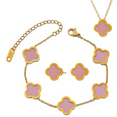 YAHUNI Vierblättriges Kleeblatt Schmuckset,18k Vierblättriges Kleeblatt Schmuckset Vergoldet Vierblättriges Kleeblatt Halskette Ohrringe Armband,Vergoldet Zweiseitig für Damen und Mädchen (Rosa) YAHUNI Vierblättriges Kleeblatt Schmuckset,18k Vierblättriges Kleeblatt Schmuckset Vergoldet Vierblättriges Kleeblatt Halskette Ohrringe Armband,Vergoldet Zweiseitig für Damen und Mädchen (Rosa) von YAHUNI