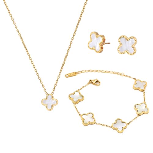 YAHUNI Vierblättriges Kleeblatt Schmuckset,18k Vierblättriges Kleeblatt Schmuckset Vergoldet Vierblättriges Kleeblatt Halskette Ohrringe Armband,Vergoldet Zweiseitig für Damen und Mädchen (Weiß) YAHUNI Vierblättriges Kleeblatt Schmuckset,18k Vierblättriges Kleeblatt Schmuckset Vergoldet Vierblättriges Kleeblatt Halskette Ohrringe Armband,Vergoldet Zweiseitig für Damen und Mädchen (Weiß) von YAHUNI