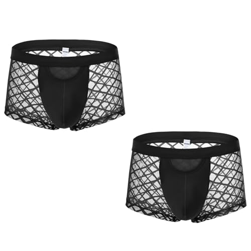 YAHWULAI Herren Boxershorts Bequem und Atmungsaktiv Männer Unterwäsche Durchsichtig mit Gitterartigem Design 2 Schwarz 2XL von YAHWULAI