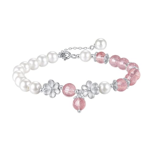 YAIEWNE 925 Luxus Kirschblüten-Erdbeer-Kristall-Armband, Weibliche Perlen-Handschnur, Verstellbare Perlen-Manschette, Weiblicher Schmuck, Festival, Geschenk, Freundschaft von YAIEWNE