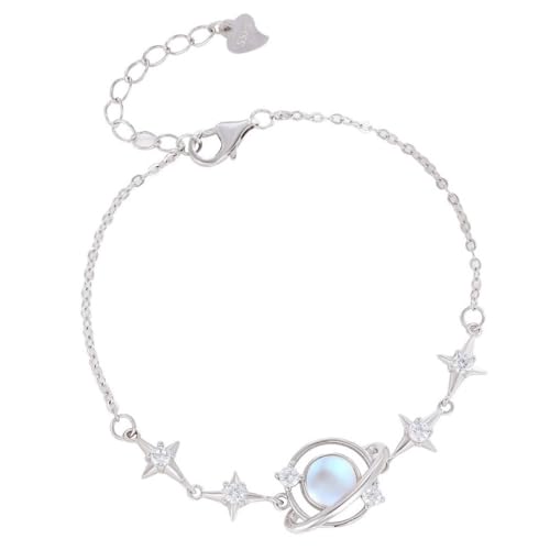 YAIEWNE 925 Mondlichtstein Planetenform Anhänger, Einfache Freundin Handarbeit, Verstellbare Perlenmanschette Unisex Schmuck Festival Geschenk Freundschaft von YAIEWNE