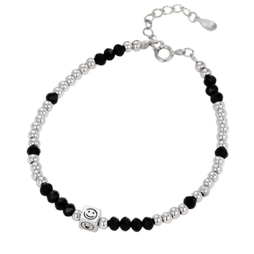 YAIEWNE 925 Quadratisches Lächelndes Gesicht Rundes Perlenarmband, Hochwertiger Cartoon-Damen-Armreif, Verstellbare Perlenmanschette, Unisex-Schmuck, Festival, Geschenk, Freundschaft von YAIEWNE