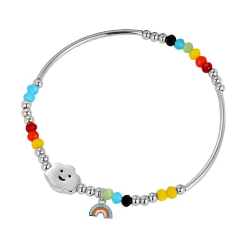 YAIEWNE 925 Regenbogen Wolke Lächelndes Gesicht Anhänger Elastisches Armband Personalisierter Damen-Perlen-Armreif, Verstellbarer Perlen-Manschette Unisex-Schmuck Festival Geschenk Freundschaft von YAIEWNE