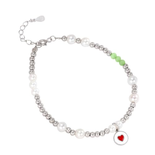 YAIEWNE 925 Roter Herz-Emaille-Anhänger, Perlenarmreif, Trendiges Rundes Perlenarmband Für Frauen, Verstellbare Perlenmanschette, Weiblicher Schmuck, Festival, Geschenk, Freundschaft von YAIEWNE