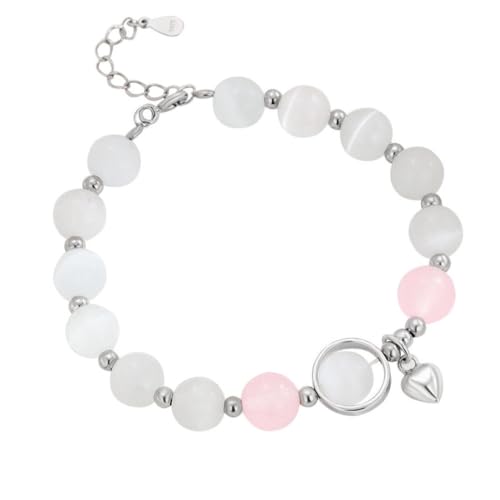 YAIEWNE Armband, 925 Kreis Liebe Form Anhänger Rosa Kristall Armreif Hochwertige Katzenauge Stein Perlen Armband, Verstellbare Perlen Manschette Schmuck Festival Geschenk?Freundschaft von YAIEWNE