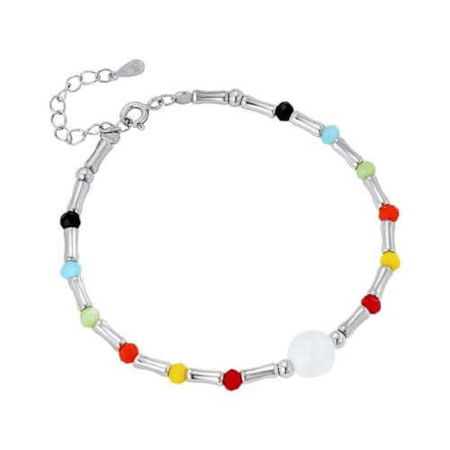 YAIEWNE Armband, Armband Aus 925Er Regenbogen-Bambus-Stein Mit Weißem Katzenauge, Weißer Kristall-Armreif Für Frauen, Verstellbarer Perlen-Manschettenschmuck, Festival-Geschenk, Freundschaft von YAIEWNE