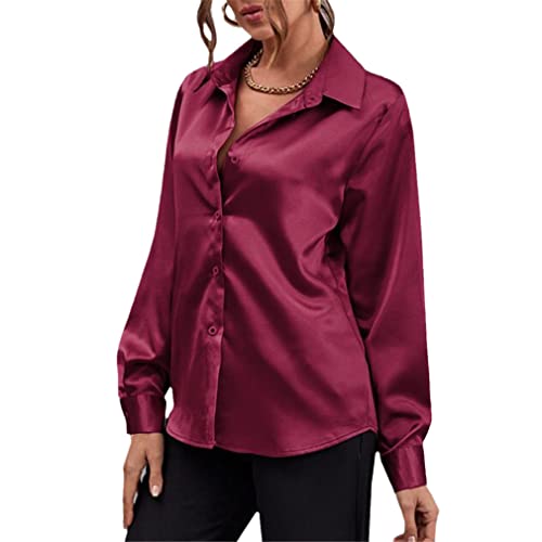Damen Basic Bluse Frühling Casual Langarm Satin Seide Shirts Elegant Einfarbig Revers Party Tops, weinrot, 4X-Groß von YAJINLM