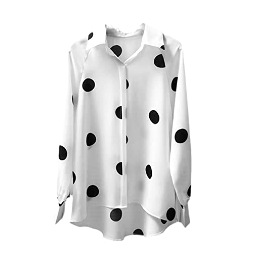Polka Dot Shirt Frauen Elegant Langarm Gedruckt Bluse Vintage High Low Chemise Female Beach Revers Button Shirt, Weiß, Mittel von YAJINLM