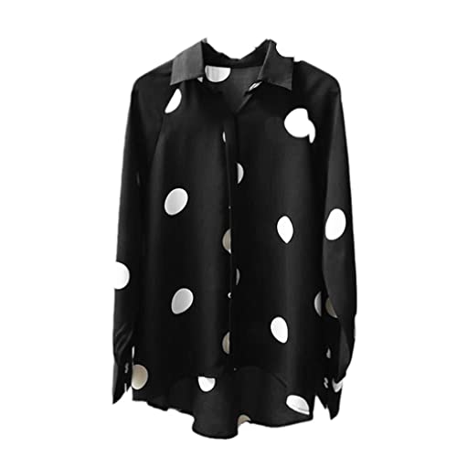 Polka Dot Shirt Frauen Elegant Langarm Gedruckt Bluse Vintage High Low Chemise Female Beach Revers Button Shirt, schwarz, Mittel von YAJINLM