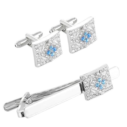 Rechteckige Raute Vollkristall-Manschettenknöpfe und Krawattenklammer-Set, blauer und klarer Strassstein-Schmuck for Männer von YAKXIUE