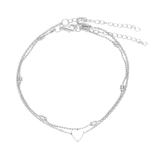 YAKXIUE 1 Stück zweilagige Kette Herz Stil Fußkettchen for Frauen Armbänder Sommer barfuß Sandalen Schmuck am Fuß Bein(Silver) von YAKXIUE