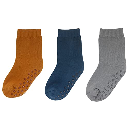 YALION 3 Paar Kindersocken Baumwolle ABS Rutschfeste Socken Kinder Sneaker Socken für Jungen Mädchen (1-2 Jahre, Khaki Blau Grau-A1) von YALION