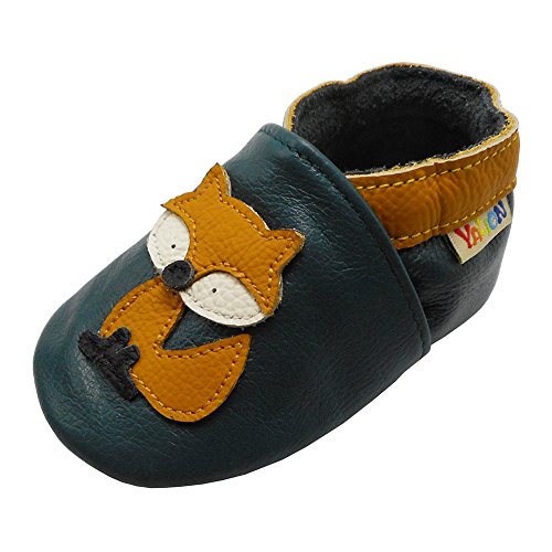 YALION Baby Junge Mädchen Weicher Leder Lauflernschuhe Krabbelschuhe Babyhausschuhe mit Wildledersohlen(22/23EU, Dunkelgrün Fuchs-09) von YALION