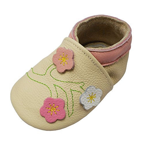 YALION Baby Mädchen Weiches Leder Lederpuschen Kleinkinder Krabbelschuhe mit Süßen Blumen Beige,EU 18/19=S von YALION