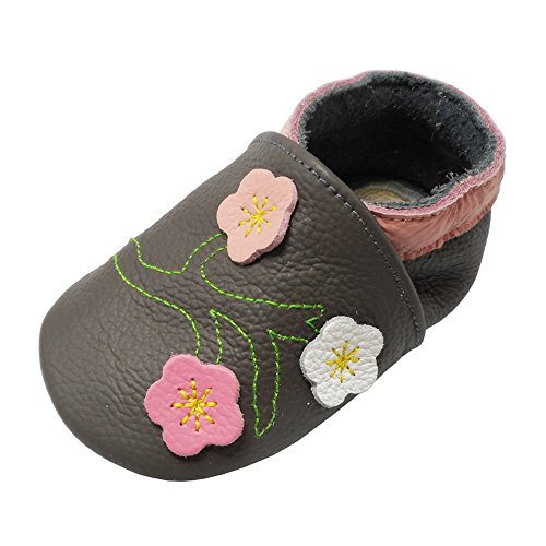 YALION Baby Mädchen Weiches Leder Lederpuschen Kleinkinder Krabbelschuhe mit Süßen Blumen Dunkelgrau,EU 18/19=S von YALION