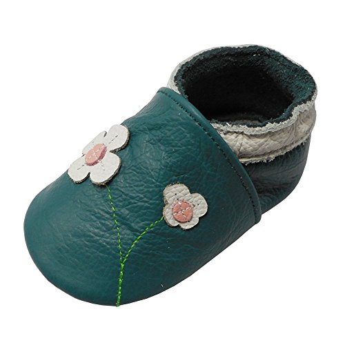 YALION Baby Mädchen Weiches Leder Lederpuschen Kleinkinder Krabbelschuhe mit Süßen Blumen Grün,EU 18/19=S von YALION