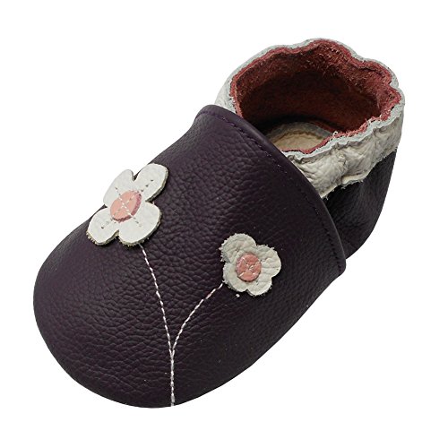 YALION Baby Mädchen Weiches Leder Lederpuschen Kleinkinder Krabbelschuhe mit Süßen Blumen Lila,EU 22/23=L von YALION