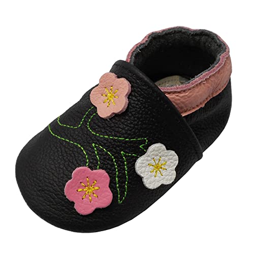 YALION Baby Mädchen Weiches Leder Lederpuschen Kleinkinder Krabbelschuhe mit Süßen Blumen Schwarz,20/21=M von YALION