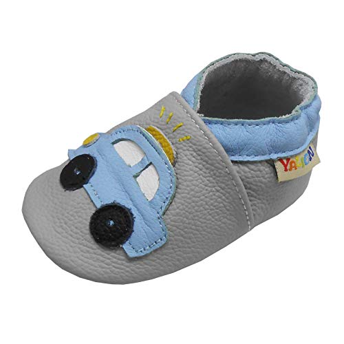 YALION Krabbelschuh Babyschuh Lauflernschuh Jungen Mädchen Baby Weicher Flexibles Leder mit Mokassins Wildledersohlen Elastische Knöchel Lederpuschen(Grau Blau,0-6 Monate, S,18-19 EU) von YALION