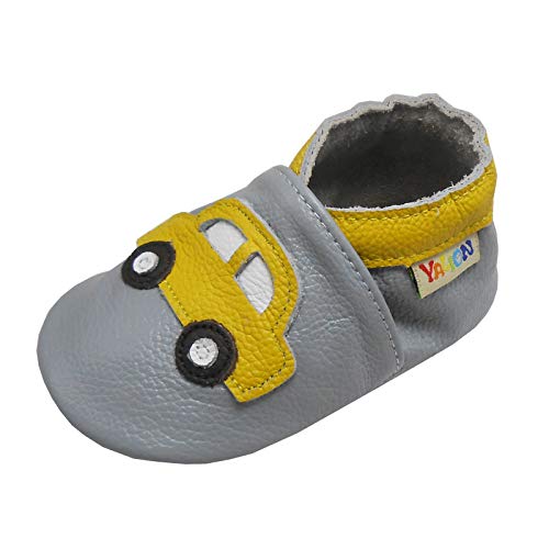 YALION Krabbelschuh Babyschuh Lauflernschuh Jungen Mädchen Baby Weicher Flexibles Leder mit Mokassins Wildledersohlen Elastische Knöchel Lederpuschen(Grau Gelb,0-6 Monate, S,18-19 EU) von YALION