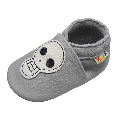 YALION Krabbelschuh Babyschuh Lauflernschuh Jungen Mädchen Baby Weicher Flexibles Leder mit Mokassins Wildledersohlen Elastische Knöchel Lederpuschen(Grau Weiß,6-12 Monate,M,20-21 EU) von YALION