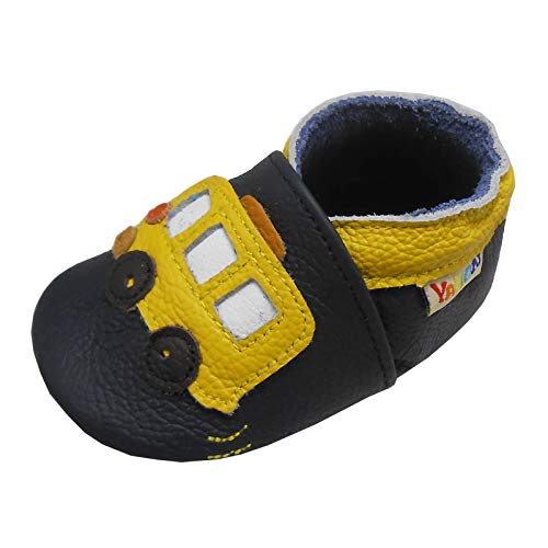 YALION Krabbelschuh Babyschuh Lauflernschuh Jungen Mädchen Baby Weicher Flexibles Leder mit Mokassins Wildledersohlen Elastische Knöchel Lederpuschen(Schwarz Gelb,6-12 Monate,M,20-21 EU) von YALION