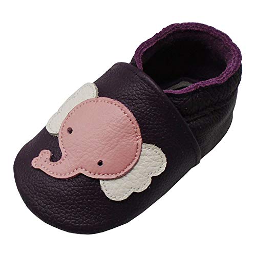 YALION Baby Weiche Leder Lauflernschuhe Krabbelschuhe Hausschuhe Lederpuschen Elefant (EU 22/23=L, Dunkelviolett) von YALION