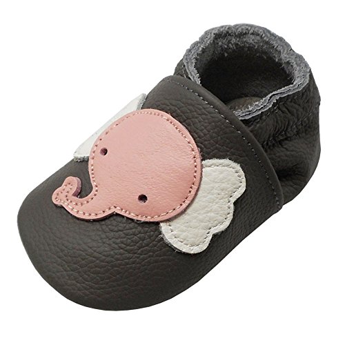 YALION Baby Weiche Leder Lauflernschuhe Krabbelschuhe Hausschuhe Lederpuschen Elefant Dunkelgrau (EU 18/19=S, Dunkelgrau) von YALION